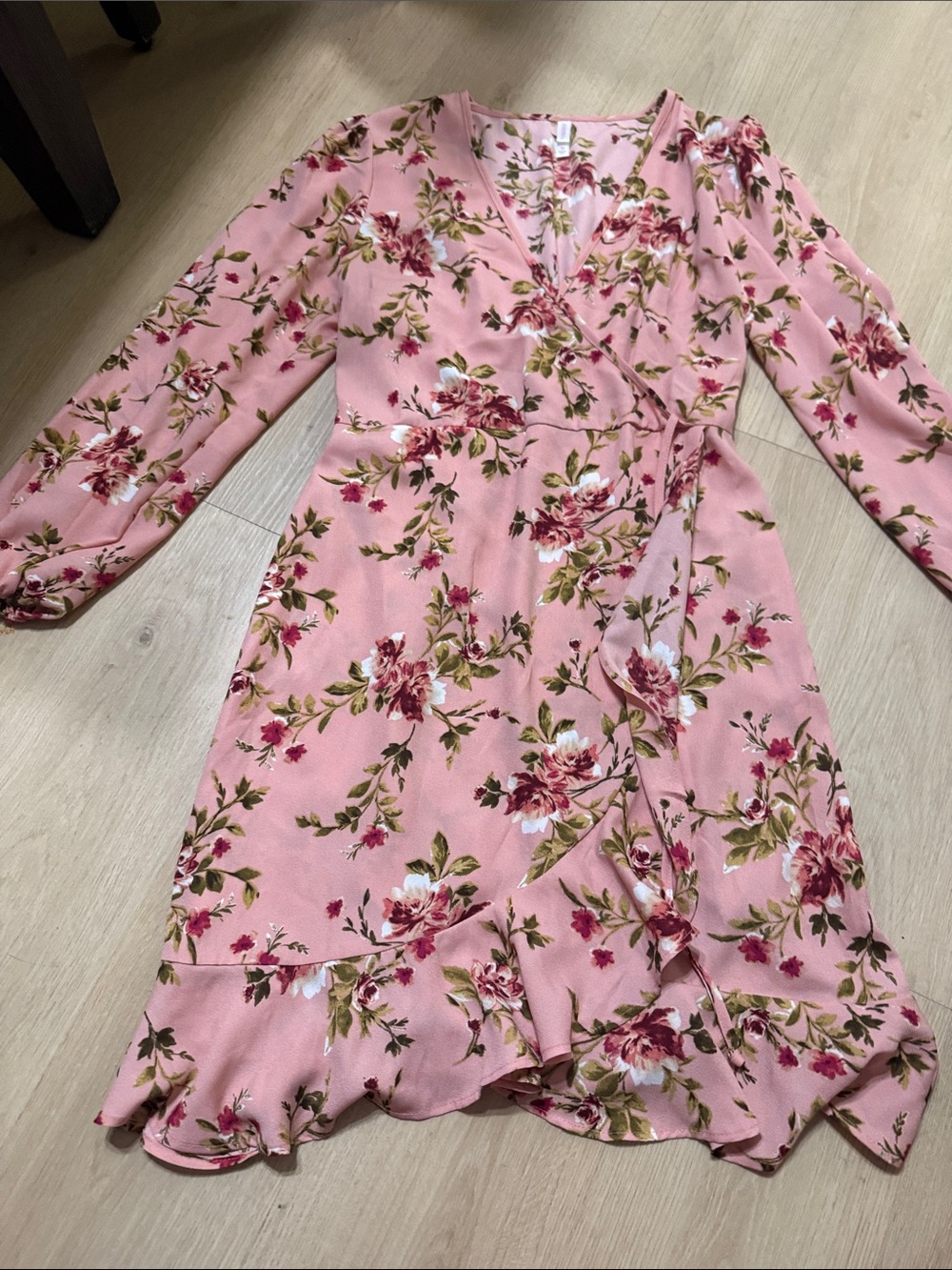 Xhilaration Pink Floral Long-Sleeve Wrap Dress